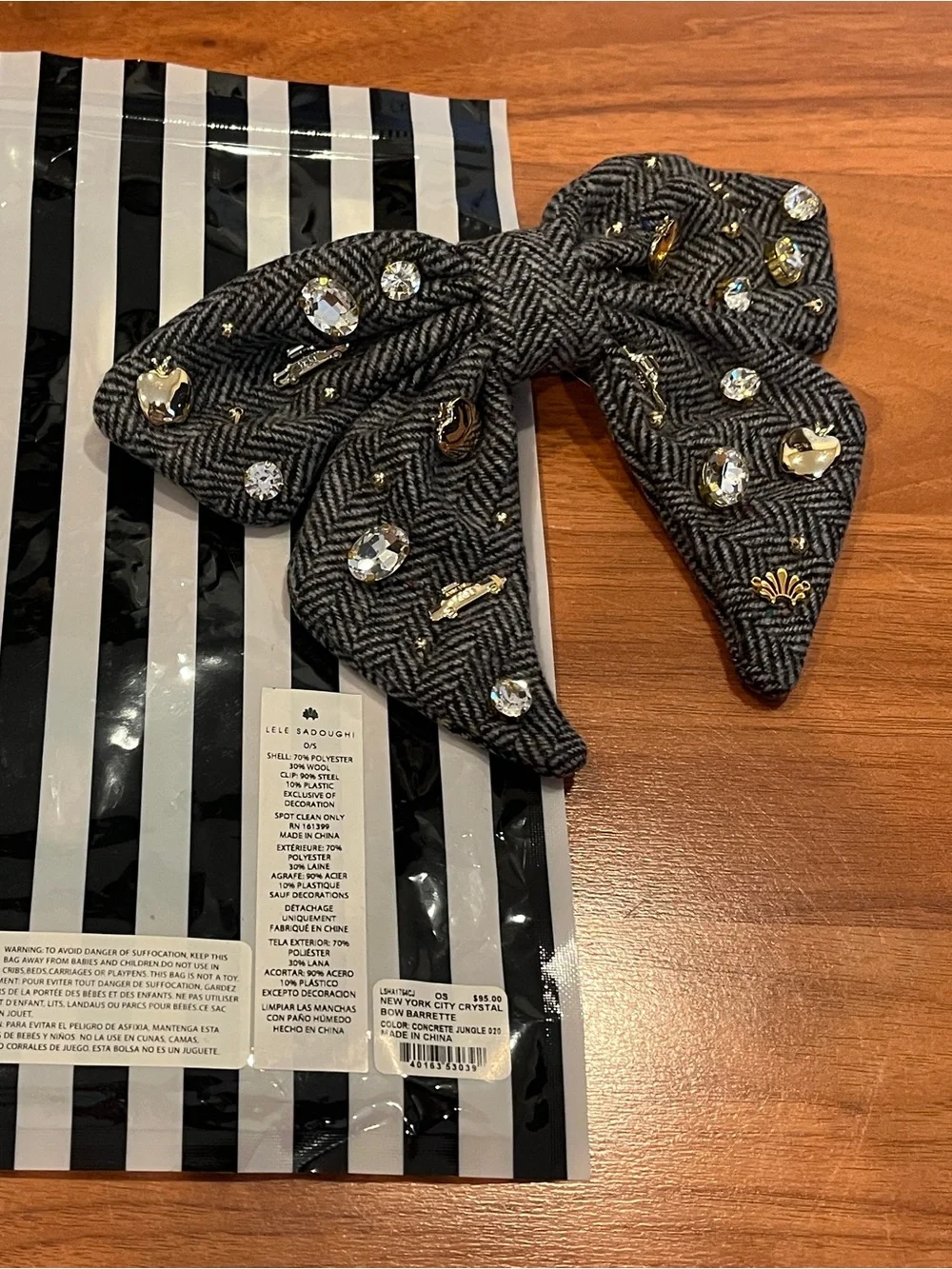 Lele Sadoughi New York City Concrete Jungle Crystal Bow Barrette - NWT